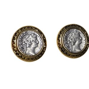 Premiere Designs Signed PD Gold Tone Roman Coin Greek Clip On Earrings